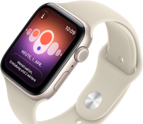Apple Watch SE 3, Aluminiumgehäuse, Farbe Polarstern, Zyklusprotokoll mit verschiedenen Menstruationssymptomen, rechte Seitenansicht, Digital Crown, Seitentaste, Sportarmband, Farbe Sand